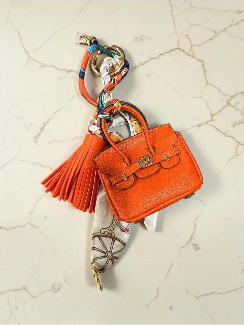 Orange Mini Handbag Bag Charm Keychain with Scarf & Tassel AirPods Holder – New